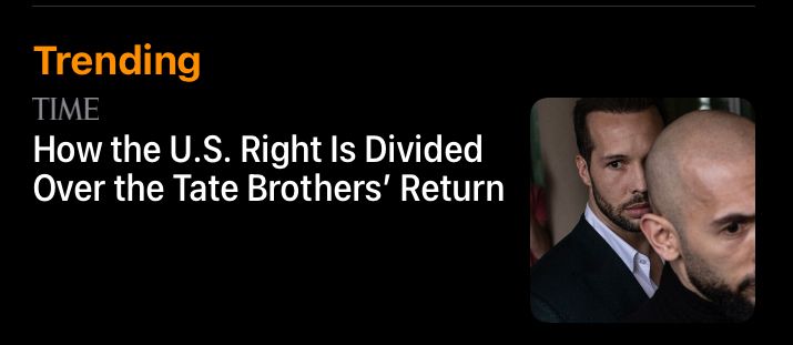 News headline saying “How the U.S Right is Divided Over the Tate Brothers’ Return” as though that should be a fucking debate 