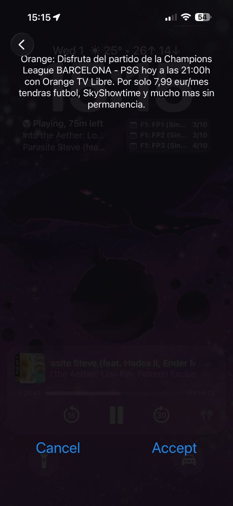 Captura de la pantalla del teléfono con un mensaje a pantalla completa que pone:

Orange: Disfruta del partido de la Champions
League BARCELONA - PSG hoy a las 21:00h con Orange TV Libre. Por solo 7,99 eur/mes tendras futbol, SkyShowtime y mucho mas sin permanencia.