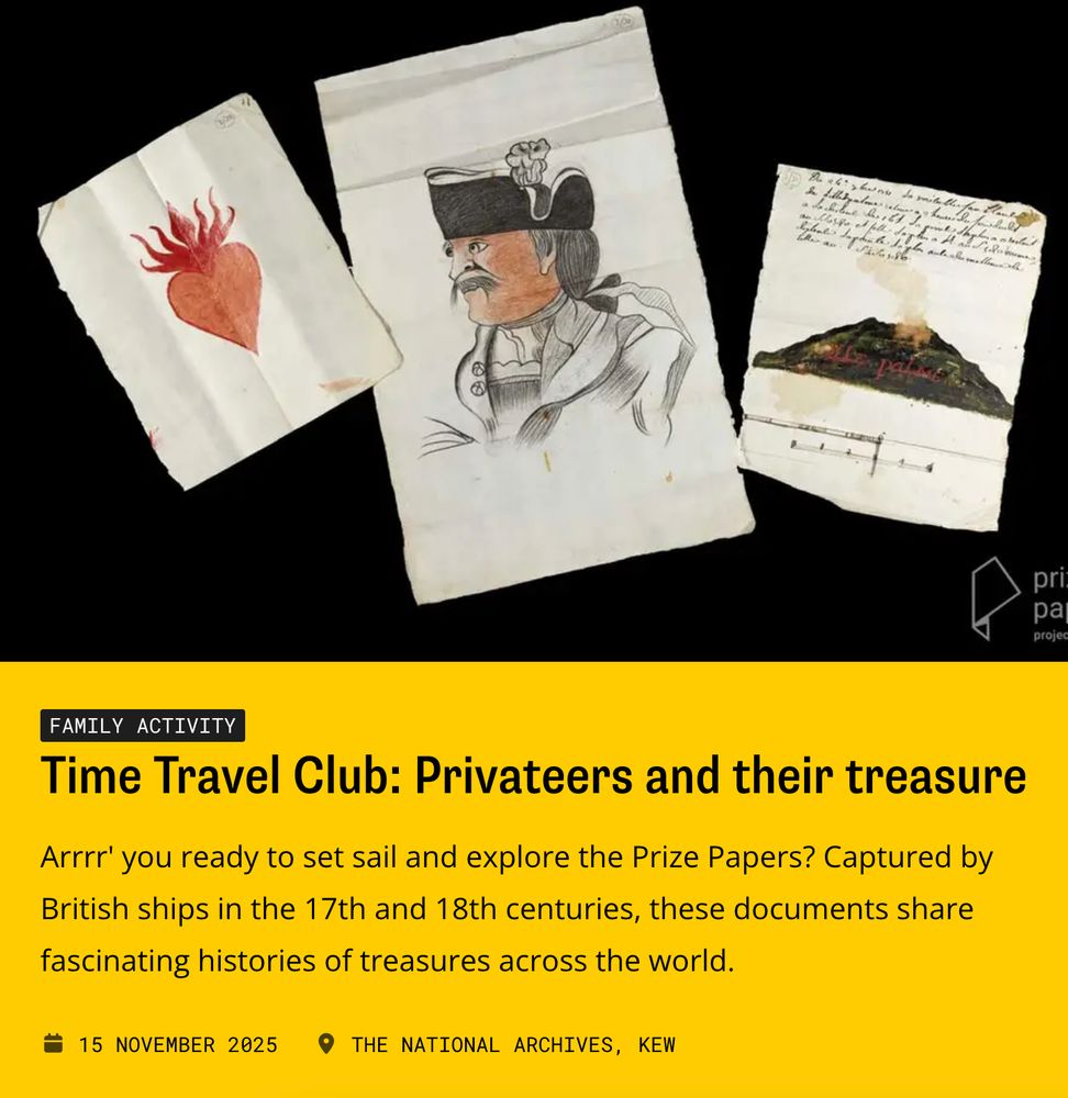 Event announcement featuring paintings of a French privateer captain (with a heart, a possible self-portrait, and an island) from the Prize Papers Collection.