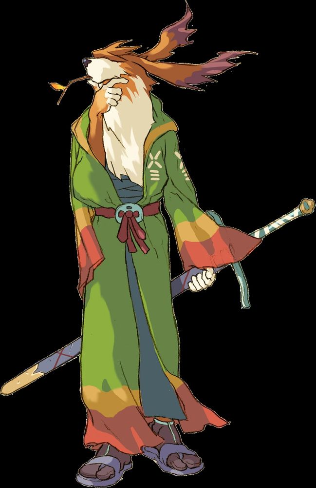 Scias is an anthropomorphic dog dressed samurai adjacent and has a longsword