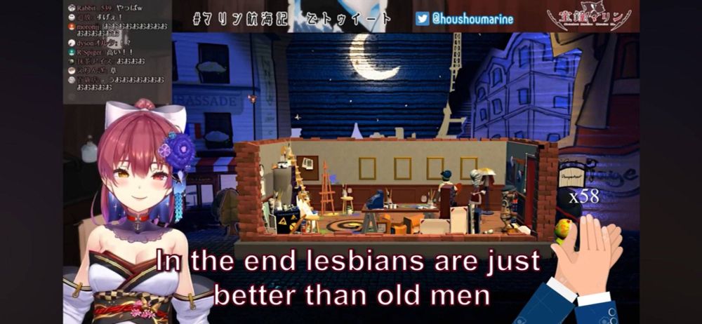 A screencap from a Houshou Marine stream, where she declares "In the end lesbians are just better than old men"