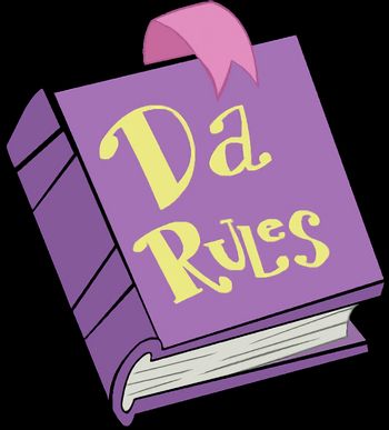 a large, lavender tome labelled Da Rules