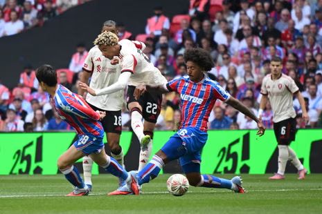 American hero Chris Richards of Crystal Palace battling Liverpool's Hugo Ekitike during the Community Shield match back in August.