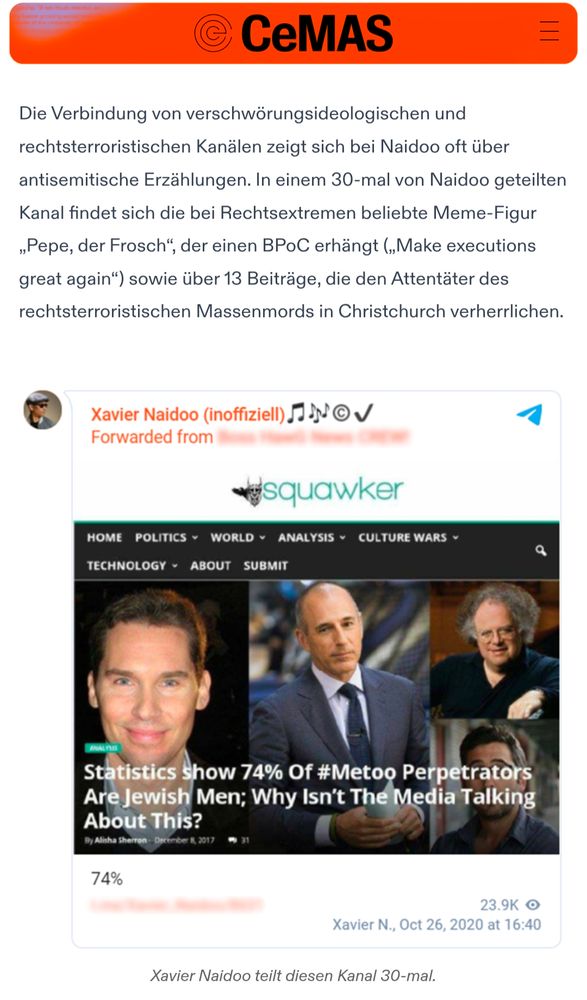 Zitat aus CeMAS Artikel:
Die Verbindung von verschwörungsideologischen und rechtsterroristischen Kanälen zeigt sich bei Naidoo oft über antisemitische Erzählungen. In einem 30-mal von Naidoo geteilten Kanal findet sich die bei Rechtsextremen beliebte Meme-Figur „Pepe, der Frosch“, der einen BPoC erhängt („Make executions great again“) sowie über 13 Beiträge, die den Attentäter des rechtsterroristischen Massenmords in Christchurch verherrlichen