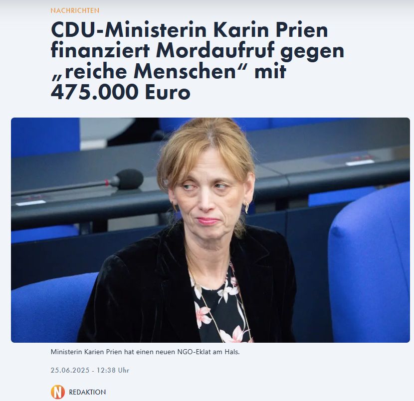 NIUS Headline
CDU-Ministerin Karin Prien finanziert Mordaufruf gegen „reiche Menschen“ mit 475.000 Euro