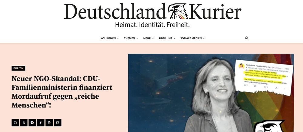 Deutschland Kurier Headline:
Neuer NGO-Skandal: CDU-Familienministerin finanziert Mordaufruf gegen „reiche Menschen“!