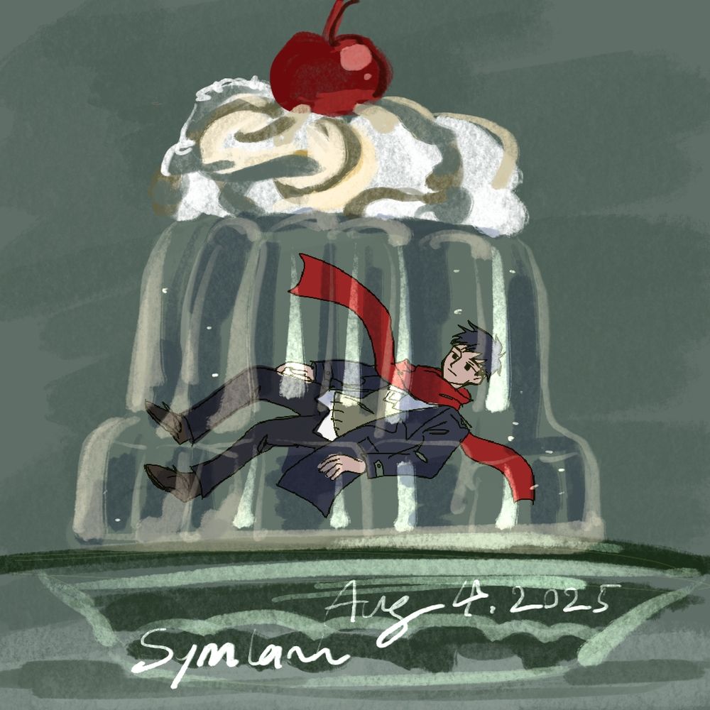 Sketch of OC Satou floating in clear jello with whipped cream and a cherry on top.