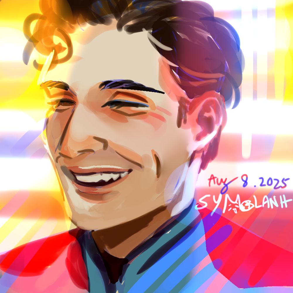 A sketch of Superman 2025's dimpled smile in bright blue, red, and yellow lighting.
