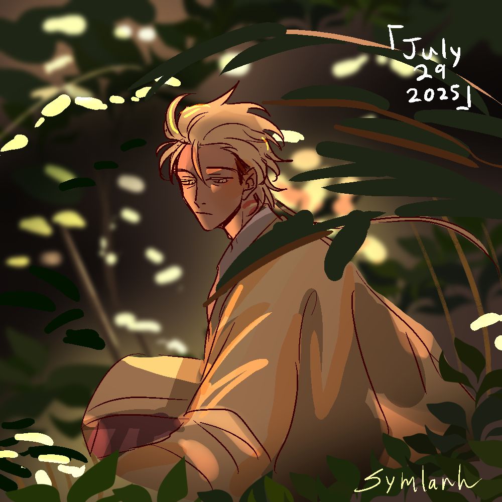 Sketch of original character moth on a warm lush forest background.