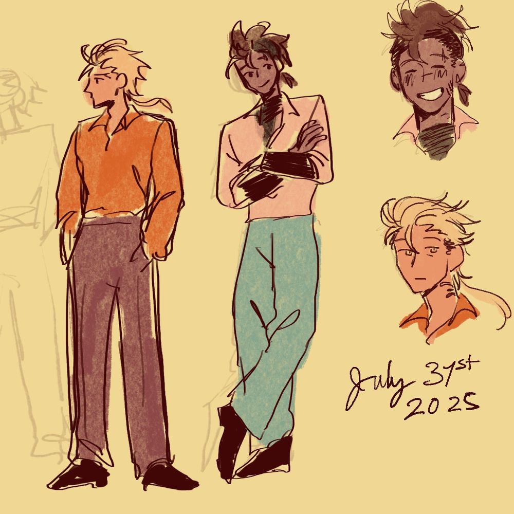 Two sketches of two ocs. One tan, light hair, wearing an orange shirt and brown pants named Moth/Ennis. The other oc tan, dark hair, and wearing a pink shirt with a black undershirt, and blue pants named Thao.