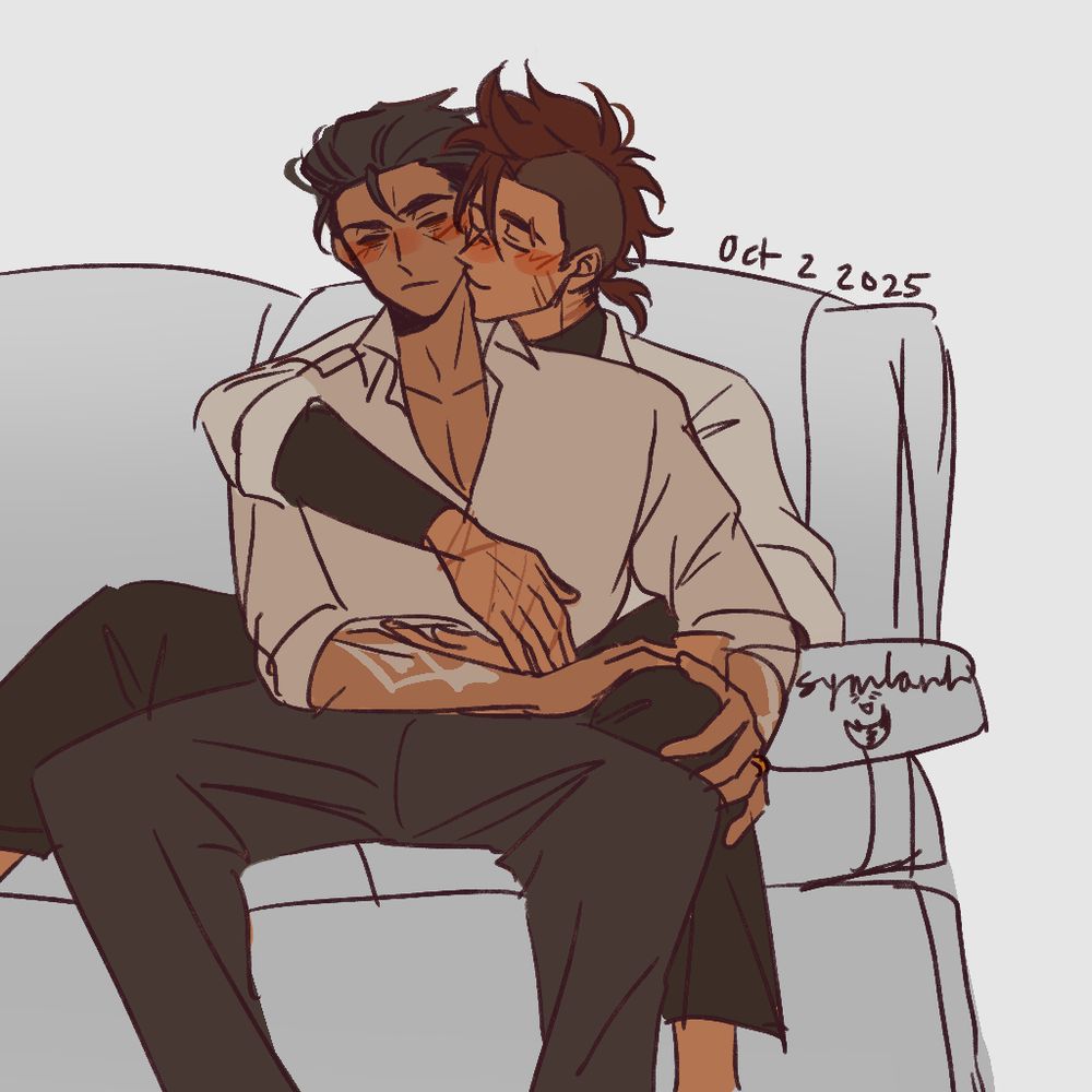 Drawing of characters Bao and Thao. Bao is sitting between Thao and Thao is giving Bao a kiss. 

Bao is an older man with a sun-kissed tone and dark, slicked back hair, wearing a white popped-collar dress shirt and black plain pants. He has white tattoos on his forearms. Thao has a fluffy brown mohawk and a tanned complexion, with scratch marks on his left jawline, nose bridge, eyebrow, and across his fingers. He is wearing a black undershirt with a white dress-shirt, and black pants. Bao's ring finger is visible with a gold band.