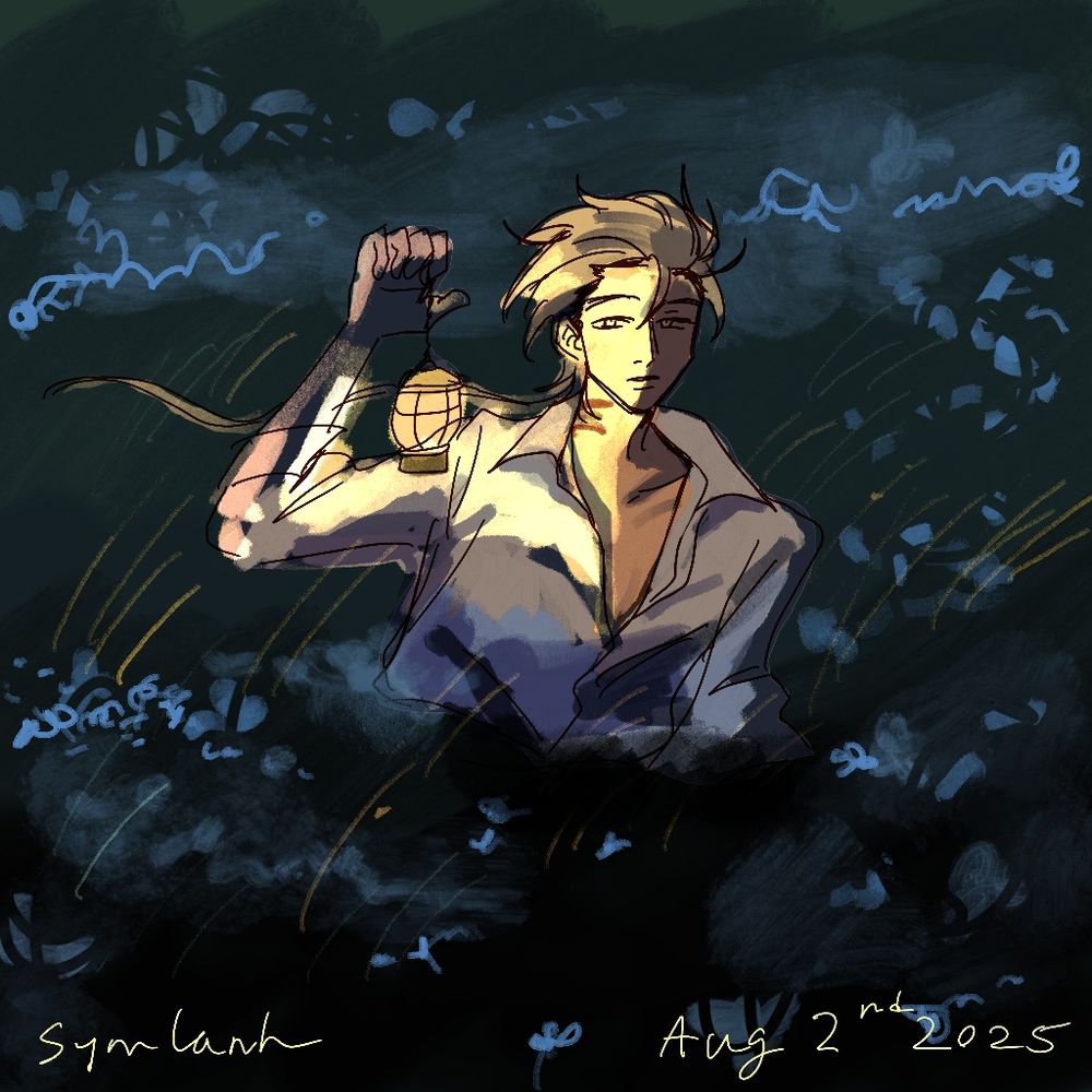 Sketch of original character Ennis Moth going through a high grass field of blue flower, carrying a softly lit yellow lantern.