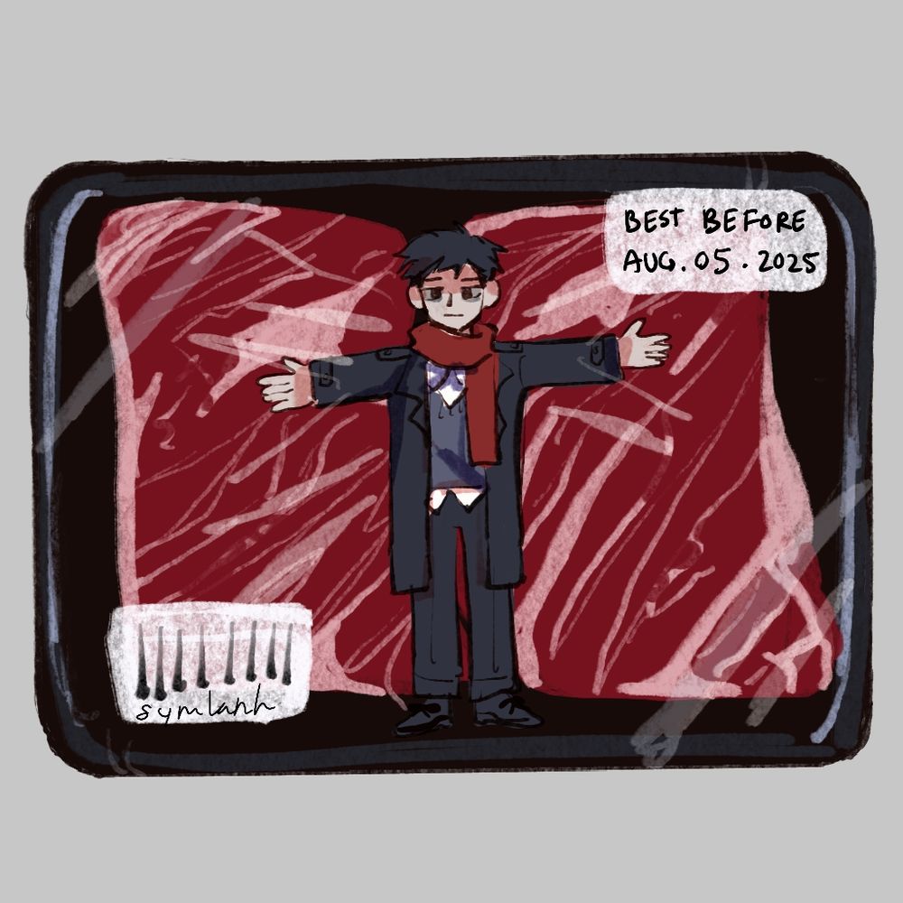 Sketch of original character Satou packaged on top of two raw beef steaks. There is a best before date of Aug.05.2025 on the top right and barcode on the bottom left with the signature "Symlanh."