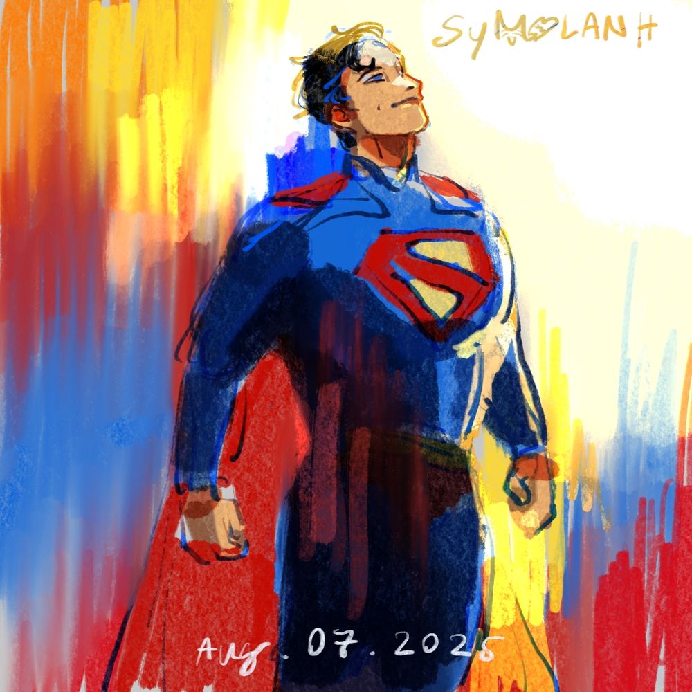 A sketch of blue, red, and yellow Superman based off the 2025 movie.