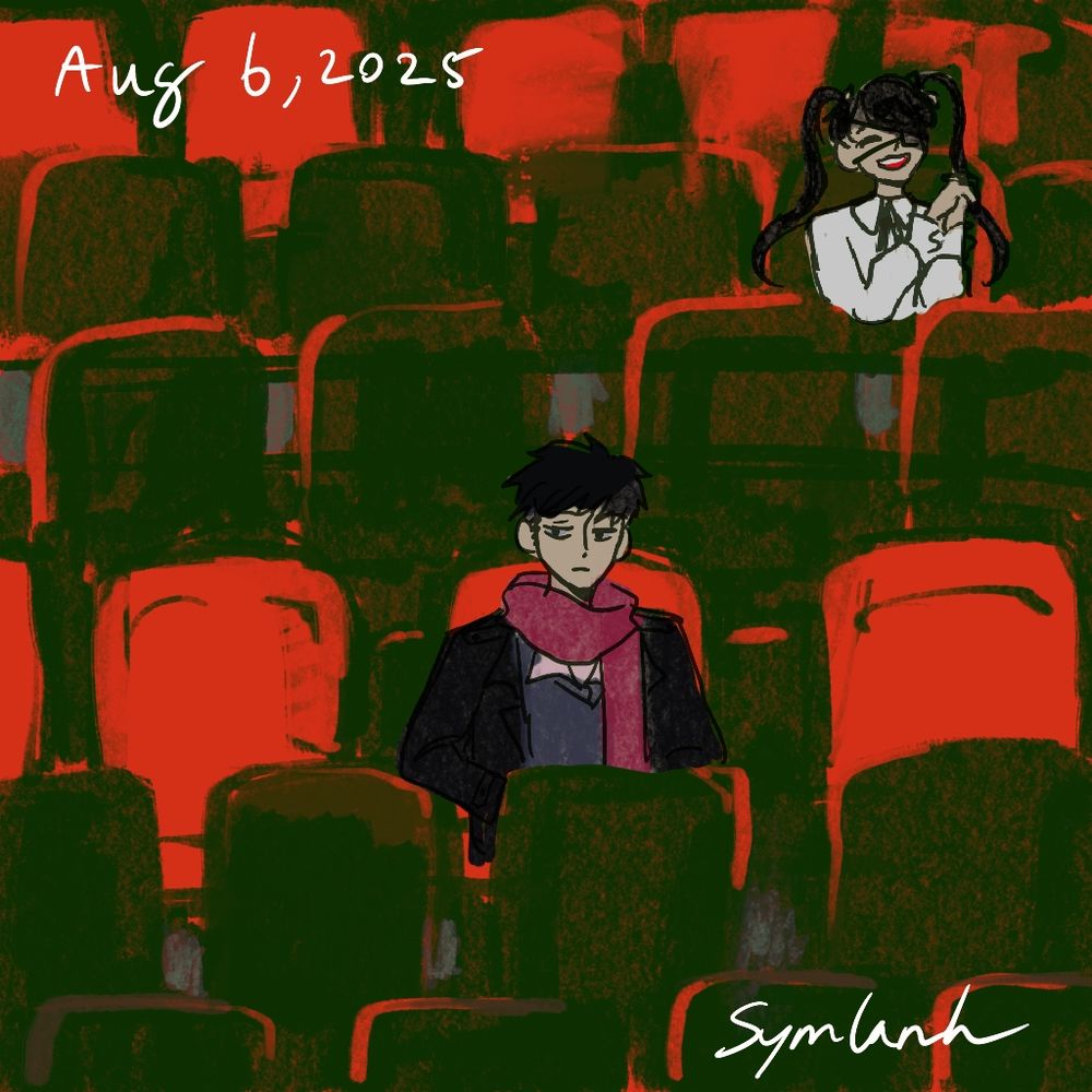 A red-green theatre with two OCs sitting in the audience. One with a red scarf and dark fall wear named Sato, and a girl with dark pigtails with a light blouse and black ribbons in the back.