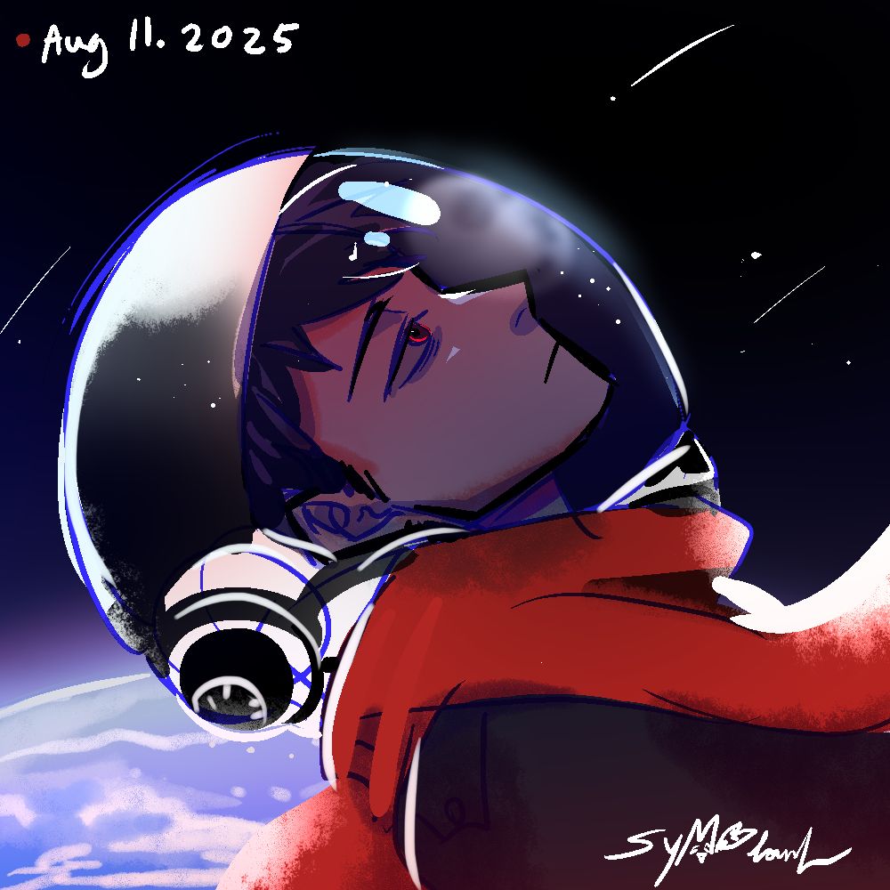 A sketch of an OC named Sato, short dark hair and dark eyes with red limbus ring, with his signature red scarf and dark trench coat. He is floating in space just above the horizon of earth, wearing a helmet, looking up at the moon. A few falling stars are falling around him.
