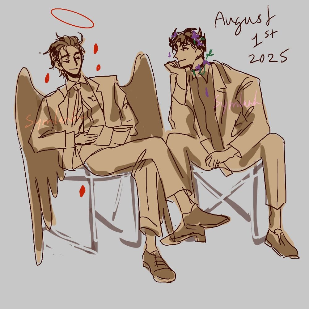 Sketch of original characters End and Love sitting next to each other on some beach chaies in suits. End is reading a pamphlet as Love is looking at him.