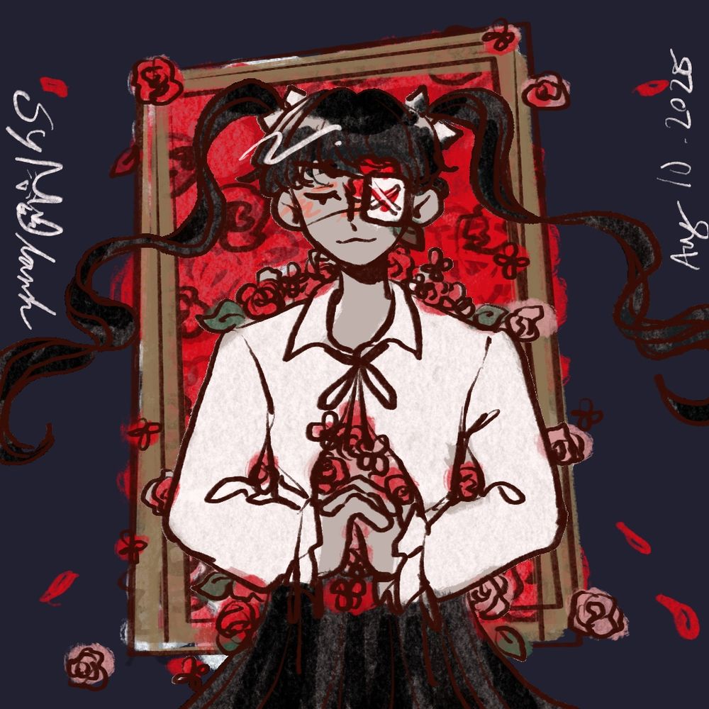 Drawing of an oc named saya with an eyepatch and dark hair in long pigtails, wearing a white shirt and black skirt. She is laying on a bed of reddish flowers in a frame with her arms folded.