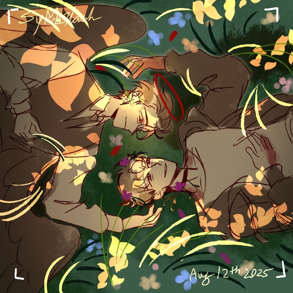Sketch of OCs "End" and "Love" laying on grassy fields with warm leafy lighting. Their hands rest on either side of each other's heads.