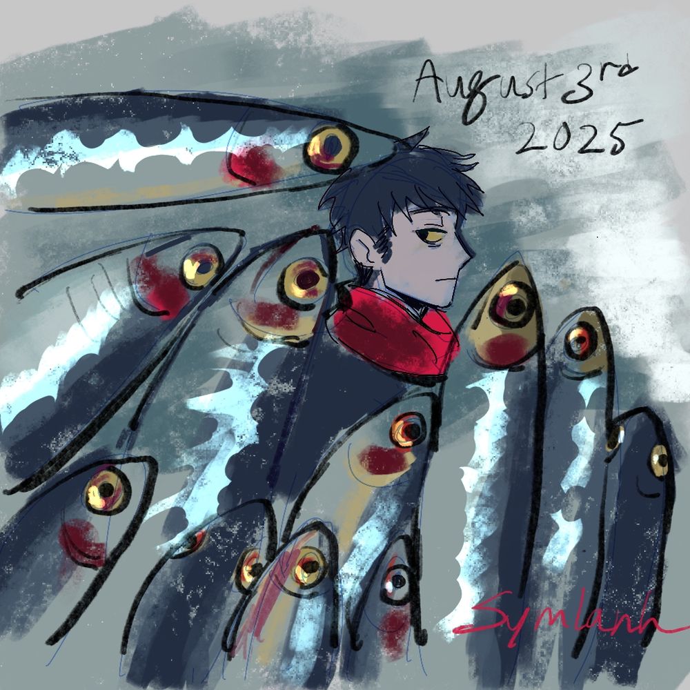 Sketch of sardines on ice and cameo of an original character with dark hair and a red scarf, named Sato.