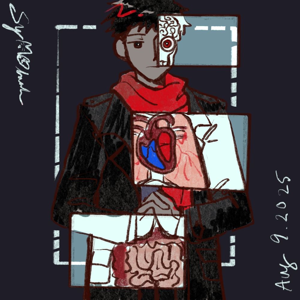 A sketch of oc Satou, a character with dark hair, dark eyes, wearing a red scarf and dark trenxhcoat. There are three "x-ray" boxes: one of the brain, eyeball, and skull; one of the left lung and heart; and large and small intestines.