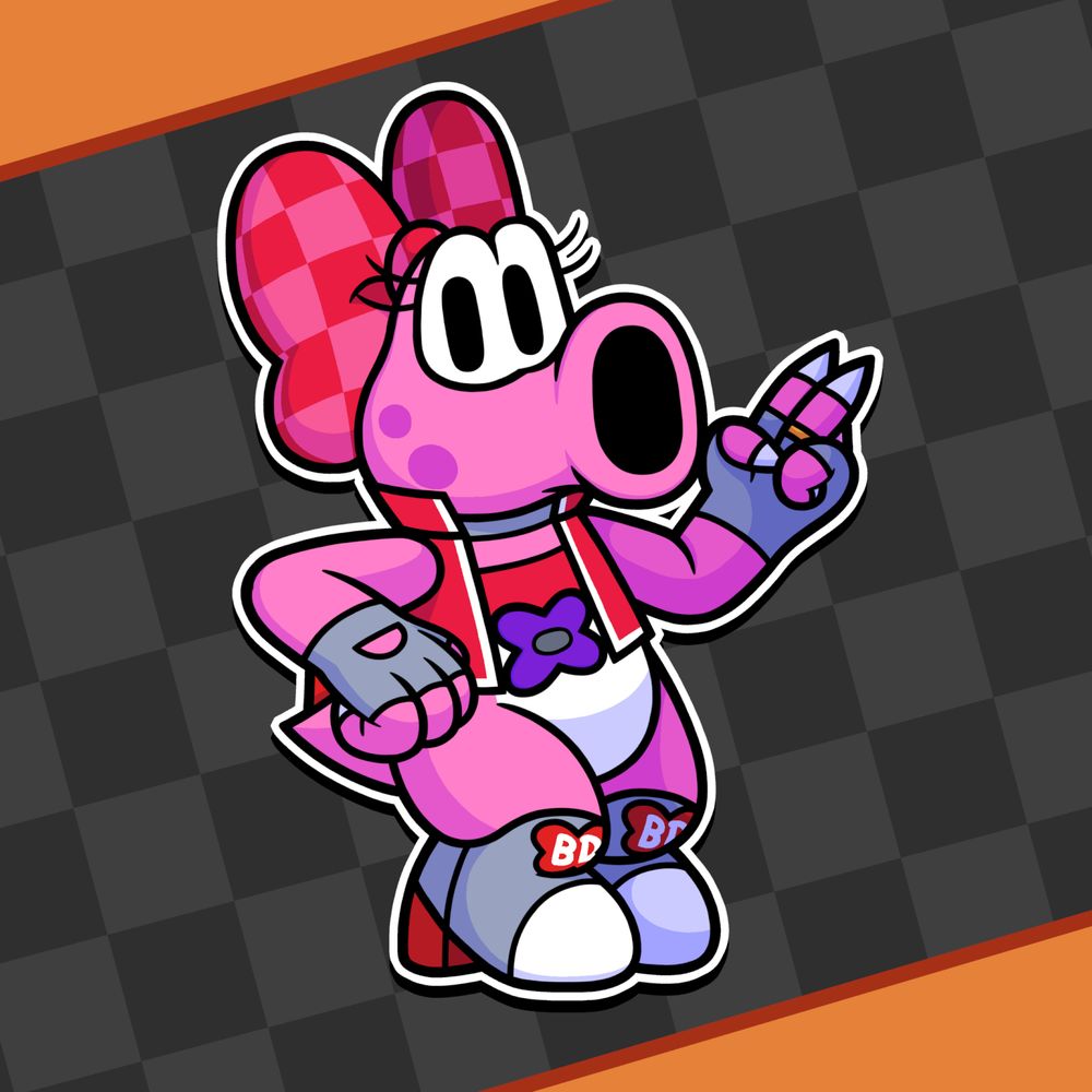 Birdo wearing her Pro Racer outfit from Mario Kart World. Said outfit consists of:

- A red checkerboard patterned version of her bow
- A red jacket with what the poster believes to be a purple bow chaped buckle
- A grey collar
- A pair of grey fingerless gloves, with her left hand (viewer's right) also having a ring with a pink diamond on it
- A pair of grey boots with white tips for the toes, red heels, and red bow shaped emblems with "BD" written on them