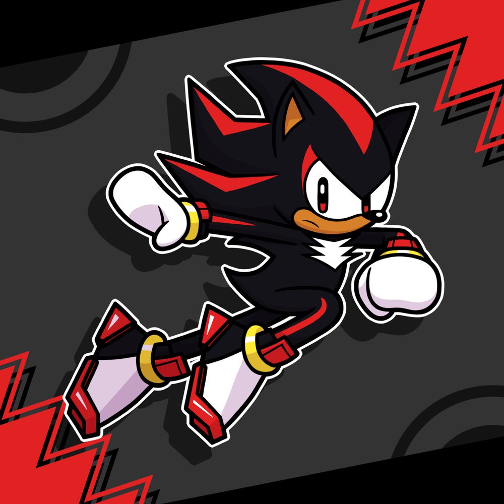Shadow the Hedgehog, an anthropomorphic hedgehog with black and red fur, from the Sonic the Hedgehog series. He's striking a mid-air pose as he looks at the viewer.