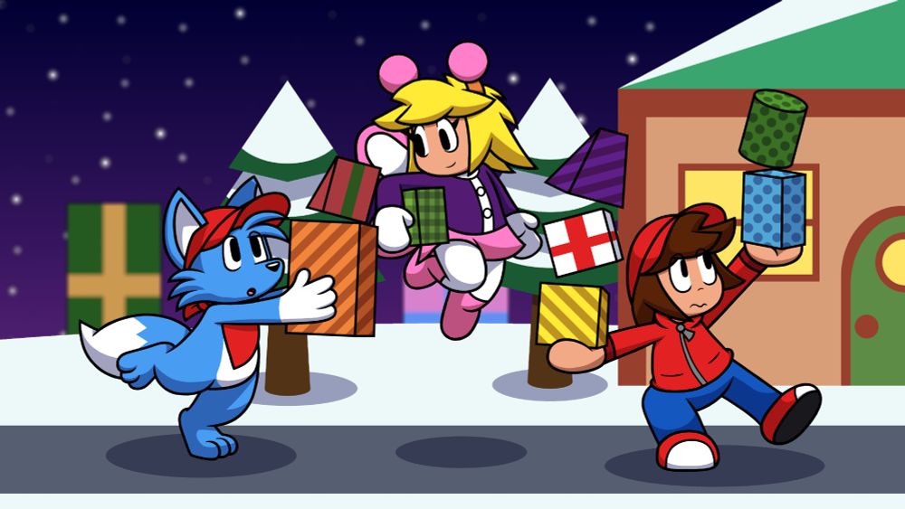 Ninten, Flutterby and Ashley (left to right) carrying presents while taking a trip down a path in a snowy environment with a pair of trees, a house with a green door and roof, and some presents in the background.

Ninten's on one foot trying to keep a smaller present balanced on a bigger one he has both hands on. Flutterby looks by Ninten flying above the ground. Ashley's losing balance trying to keep five presents balanced across two stacks across both his hands.