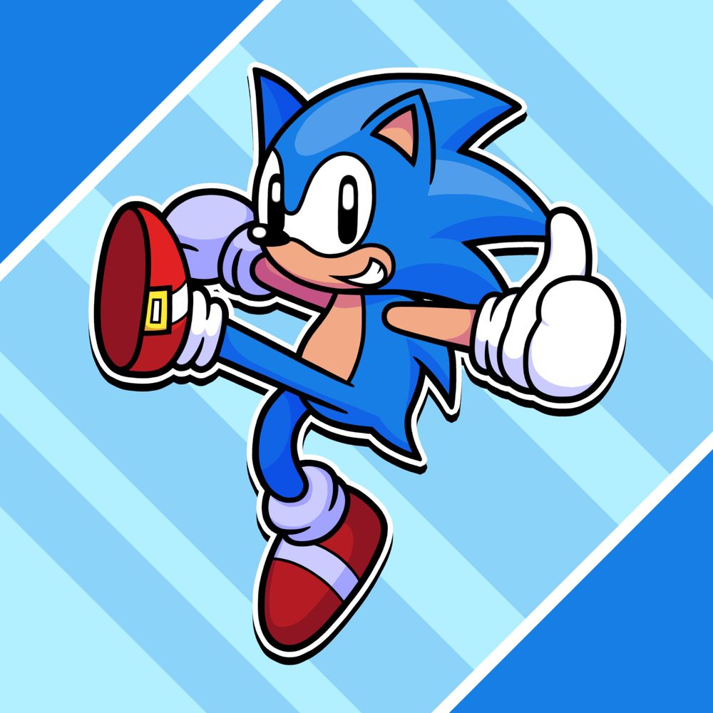 Sonic the Hedgehog poses while looking at the viewer giving them a thumbs up.