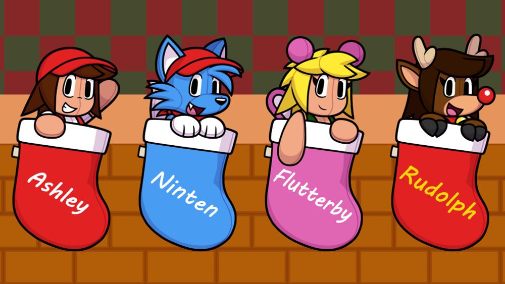 Ashley, Ninten, Flutterby, and Rudolph (left to right) as plush toys inside little Christmas stockings with their names written on them.