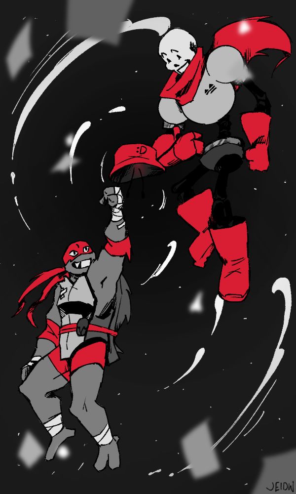 Papyrus from Undertale and Raphael from Rise of the Teenage Mutant Ninja Turtles floating in space. between them is a sentient bucket hat, which is holding both of their hands and seems to be having a blast