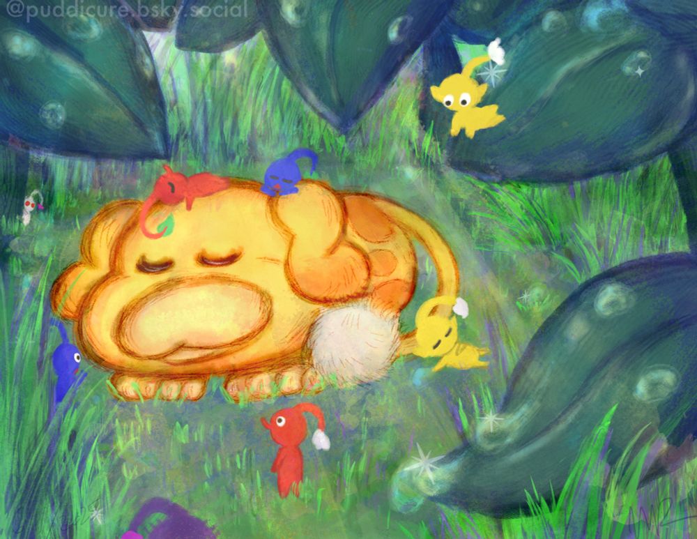 A drawing of Oatchi from pikmin 4 napping in a small clearing, the sub shining down on him through the leaves, and pikmin are napping around them. The leaves and grass are spotted with dew.