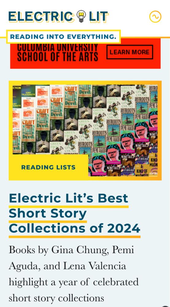 Yellow background w bright repérâtes
Covers of five books - ananda Lima’s craft, Lena Valencia’s mystery lights, Gina Chung’s green frog, penis aguda’s  ghost roots, Jessie ren Marshall’s women in peril -
Link is https://electricliterature.com/electric-lits-best-short-story-collections-of-2024/