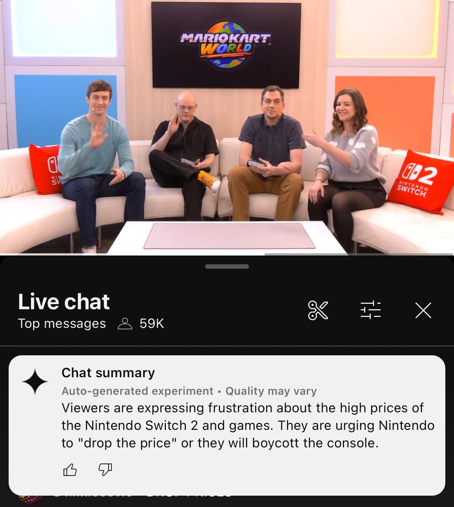 Chat sunmary saying people are made about Switch 2 game pricing. 