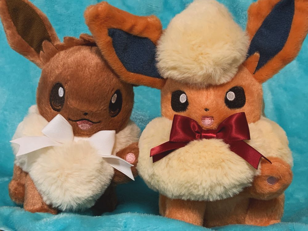 白いリボンをつけたイーブイぬいぐるみと赤いリボンをつけたブースターぬいぐるみが正面を向いている画像