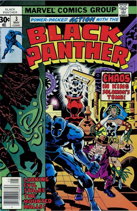 Cover of Back Panther issue #3, showing the Black Panther in costume, a short man wearing a suit and monocle, and a womanwearing a headress in a room filled with technology. One of the walls show a looming shadow of an alien creature. The subtitles say, "Chaos in King Solomon's Tomb" and "Lurking evil stalks the haunted halls!"