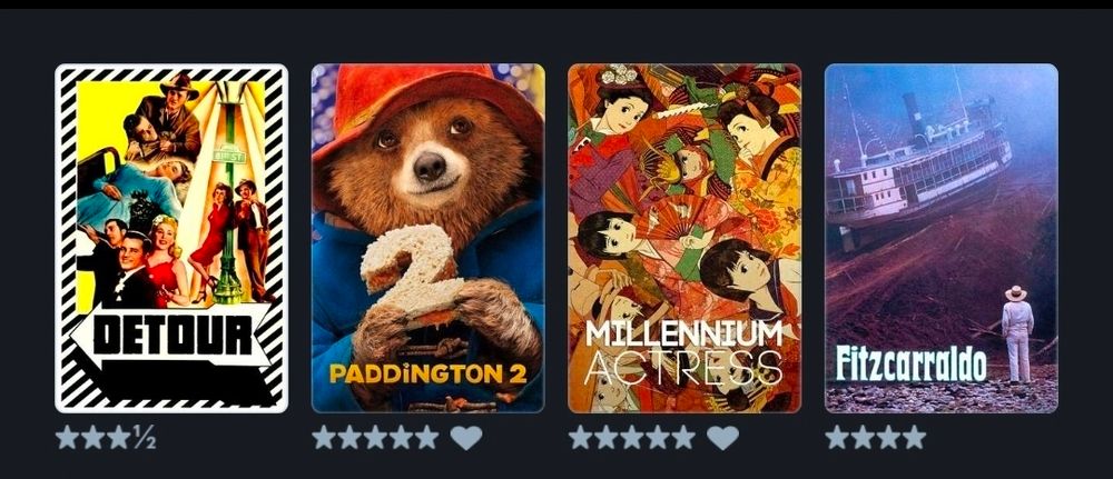 Movie posters for Detour (1945), Paddington 2 (2017), Millennium Actress (2001), Fitzcarraldo (1982).