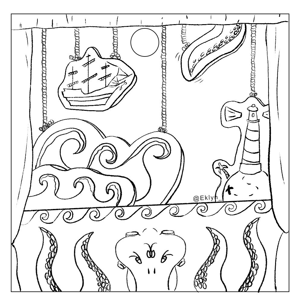 Full theater set around piracy with : a lighthouse, a boat, waves, some kraken leg and a sun.