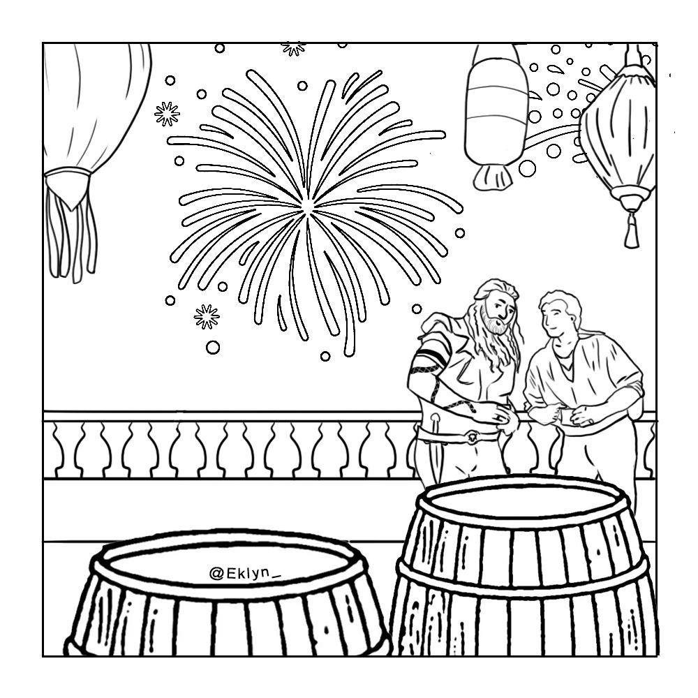 Coloring page with barrels, pirates, fireworks and paper lanterns