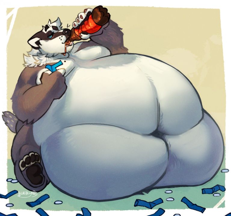 A painted illustration of an obese anthropromorphic badger. They are surrounded by empty mint-packets of a light-blue color, meant to resemble a popular brand that fizzes in soda, and is guzzling an off-brand soda meant to resemble a popular brand. They look pleased with how their evening is going.