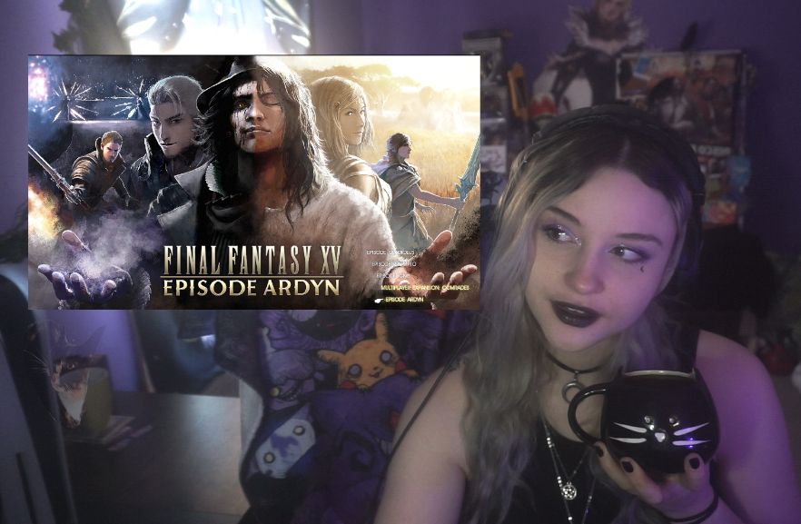 Luna wearing dark glittery eye makeup, and black lipstick, holding a black cat shaped mug, looking at the poster for final fantasy xv episode ardyn poster