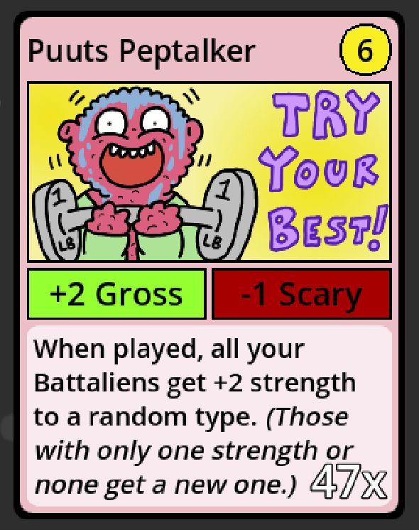 Puuts Peptalker card from the game Recesses. It boosts the strengths of all your cards to a random type.
