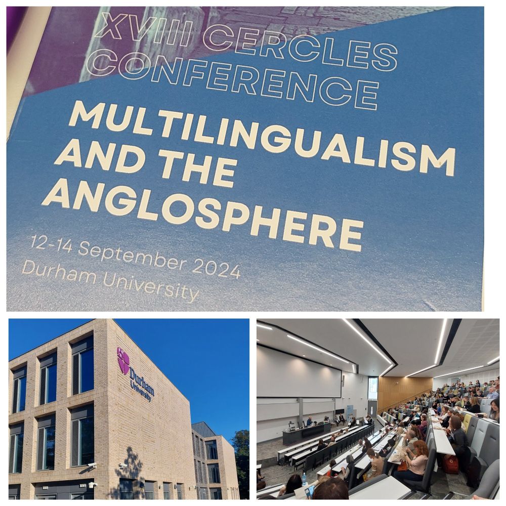 Kuvakollaasi, jossa konferenssiohjelman kansi, Durhamin yliopisto ja luentosali täynnä ihmisiä.