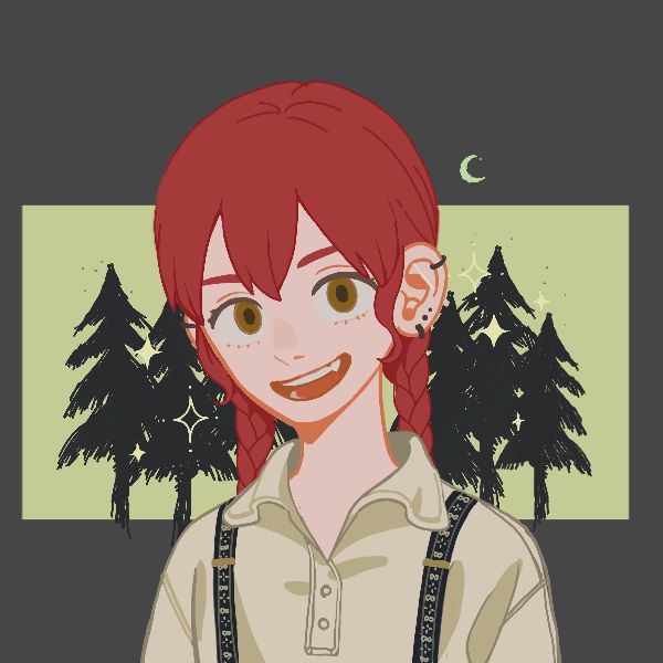 A Picrew of the OC Chava. She has red hair in two braids and a big grin. Her eyes are golden. The background is grey with a block of light green containing black sketches of trees.