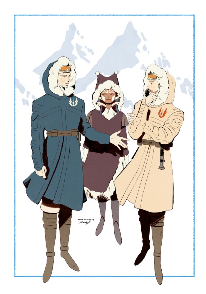 simple clone wars fanart of anakin, ahsoka and obi-wan decked out in their winter gear while in conversation