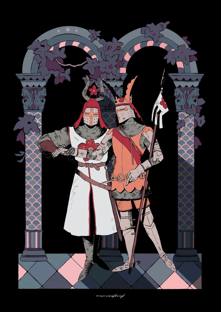 illustration of two knights standing in front of an archway 