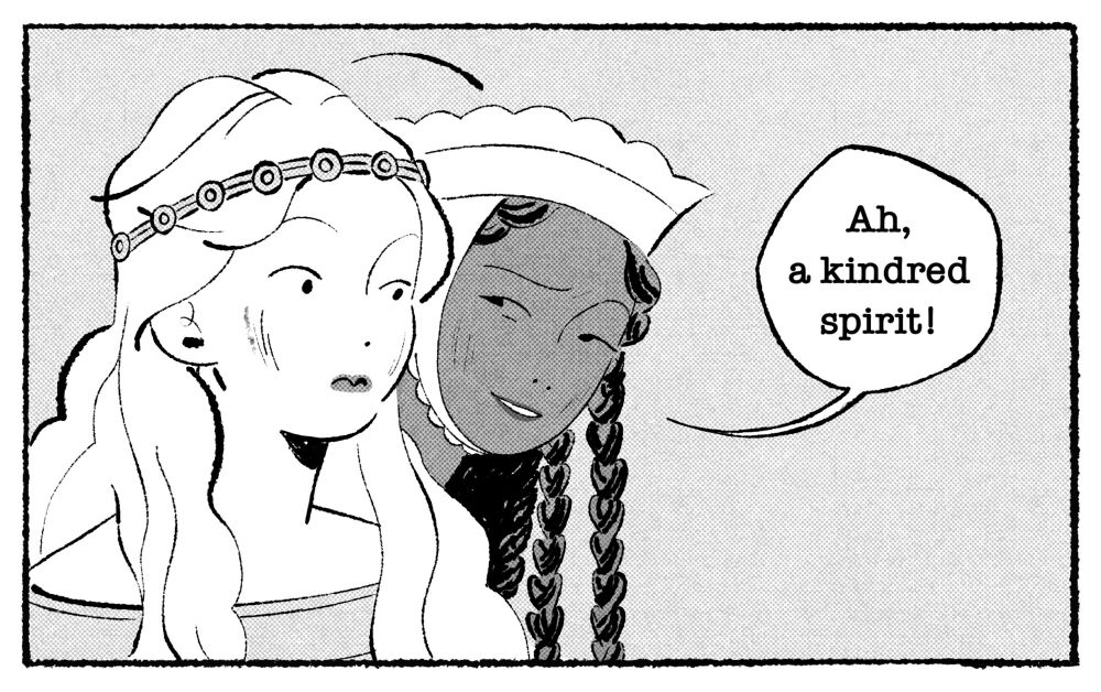 comic panel from “as above so below“ showing two women. the woman in the front seems a bit surprised as her friend leans forward to look past her and say “ah, a kindred spirit!“