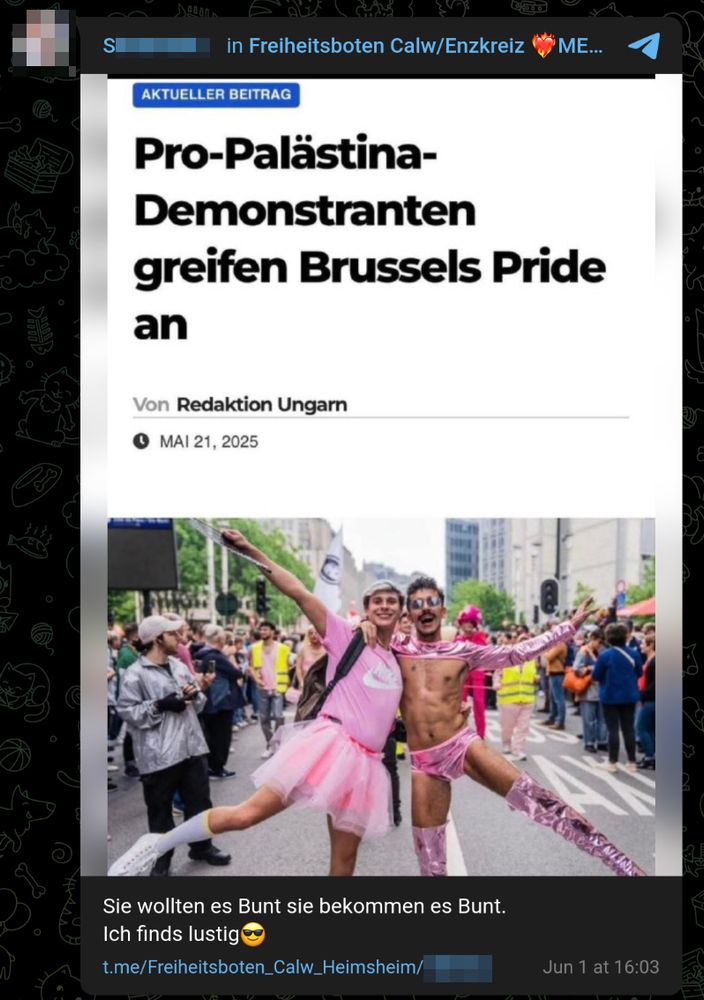 S. [Admin] in Freiheitsboten Calw/Enzkreis [und auch Freudenstadt]

Artikel: "Pro-Palästina Demonstranten greifen Brussels Pride an", Von Redaktion Ungarn, Mai 21, 2025

Post von S. "Sie wollten es Bunt sie bekommen es Bunt. Ich finds lustig"
