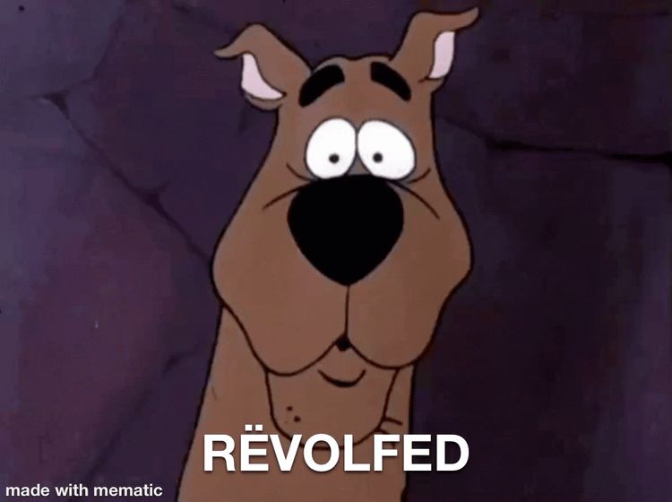 Scooby-Doo staring at the camera as it pulls in, his eyes wide and scares
Caption: RËVOLFED