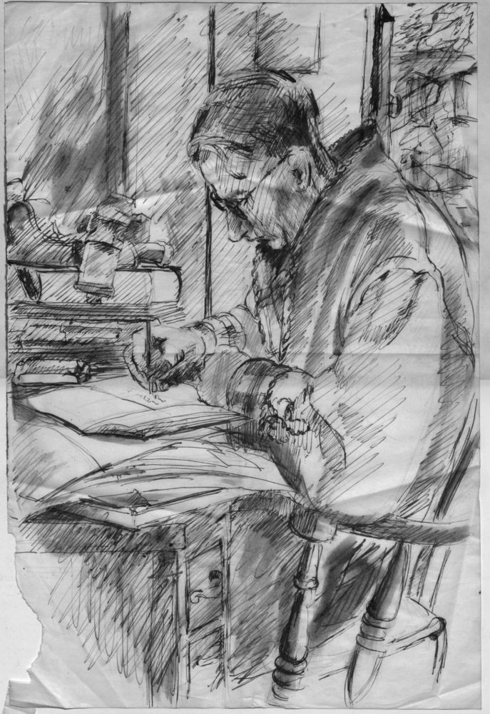 Pen and ink drawing of Crick at his desk, writing, wearing a dressing gown and glasses.